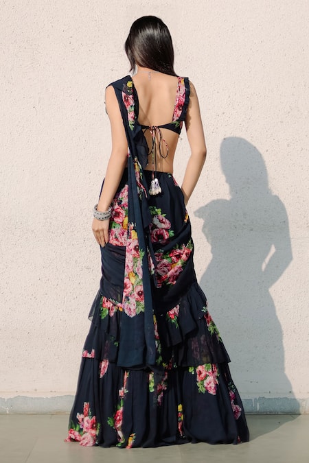 Shop Foram Patel Blue Georgette Embroidery, Ruffles High Neck Floral Print Pre-draped Saree Set at Aza Fashions Shop_Foram Patel_Blue Georgette Embroidery, Ruffles High Neck Floral Print Pre-draped Saree Set_at_Aza_Fashions
