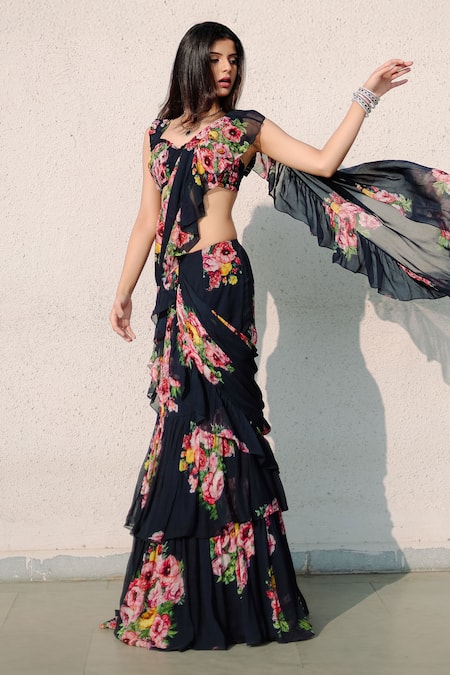 Shop Foram Patel Blue Georgette Embroidery, Ruffles High Neck Floral Print Pre-draped Saree Set Online at Aza Fashions Shop_Foram Patel_Blue Georgette Embroidery, Ruffles High Neck Floral Print Pre-draped Saree Set_Online_at_Aza_Fashions