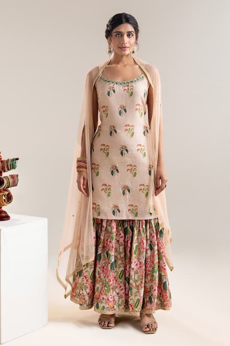 Soup by Sougat Paul Beige Printed Kurta Sharara Set With Cape 