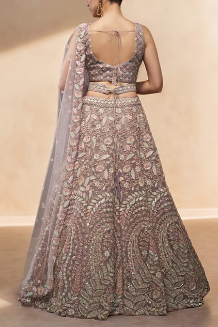 Shop Samyukta Singhania Purple Net, Linen Sequins, Zari, Embroidery Asymmetric Floral Mauve Lehenga Set at Aza Fashions Shop_Samyukta Singhania_Purple Net, Linen Sequins, Zari, Embroidery Asymmetric Floral Mauve Lehenga Set _at_Aza_Fashions