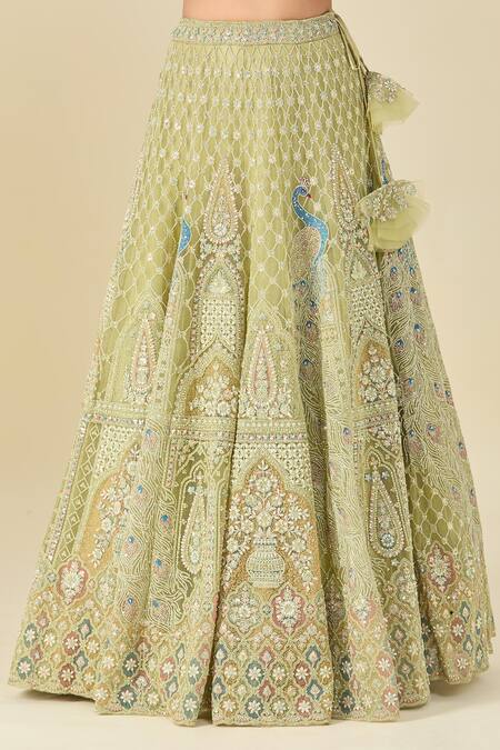 Azeera_Green Silk, Georgette, Chiffon, Net Sequins, Floral Embroidered Lehenga Set_Online_at_Aza_Fashions