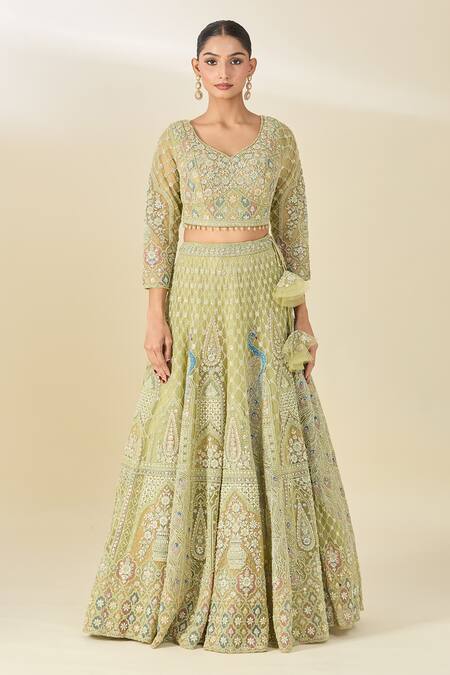 Buy_Azeera_Green Silk, Georgette, Chiffon, Net Sequins, Floral Embroidered Lehenga Set_Online_at_Aza_Fashions