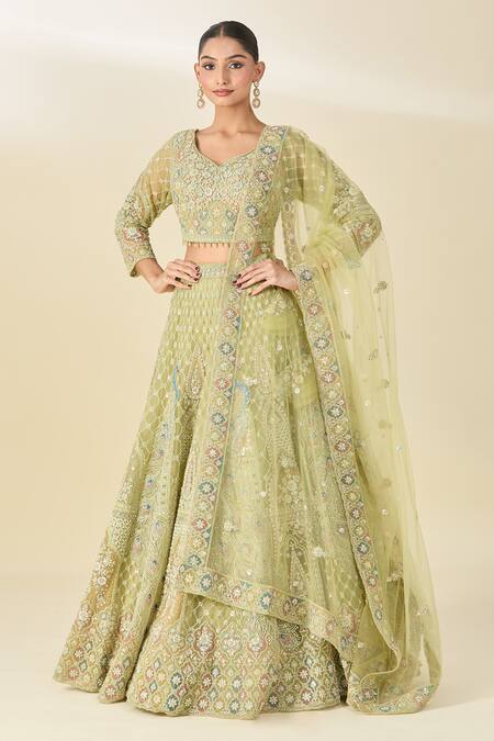 Shop_Azeera_Green Silk, Georgette, Chiffon, Net Sequins, Floral Embroidered Lehenga Set_Online_at_Aza_Fashions