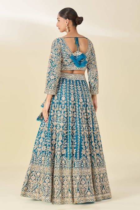 Shop Azeera Blue Silk, Chiffon Tassels V-neck Cutdana Embroidered Peacock Lehenga Set at Aza Fashions Shop_Azeera_Blue Silk, Chiffon Tassels V-neck Cutdana Embroidered Peacock Lehenga Set _at_Aza_Fashions