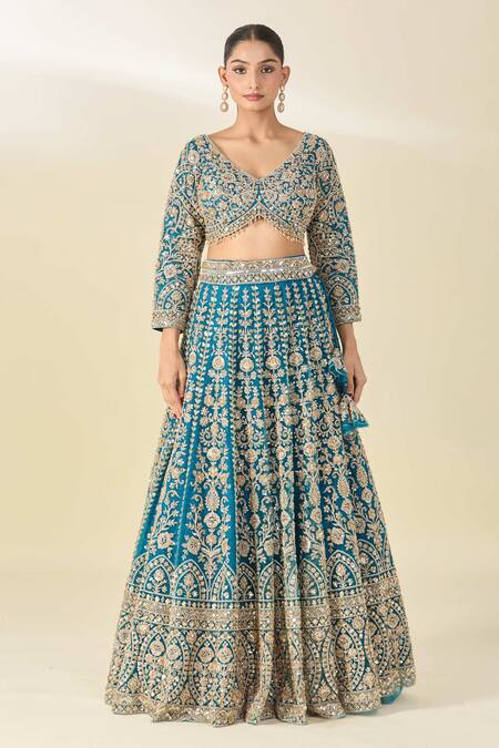 Azeera Blue Silk, Chiffon Tassels V-neck Cutdana Embroidered Peacock Lehenga Set Online at Aza Fashions Azeera_Blue Silk, Chiffon Tassels V-neck Cutdana Embroidered Peacock Lehenga Set _Online_at_Aza_Fashions