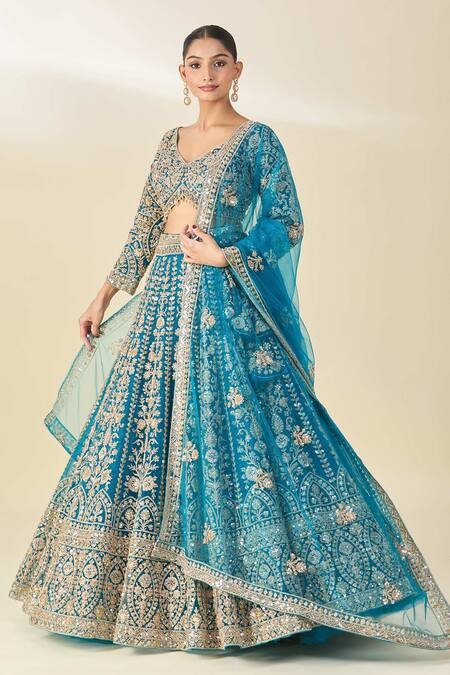 Buy Azeera Blue Silk, Chiffon Tassels V-neck Cutdana Embroidered Peacock Lehenga Set Online at Aza Fashions Buy_Azeera_Blue Silk, Chiffon Tassels V-neck Cutdana Embroidered Peacock Lehenga Set _Online_at_Aza_Fashions