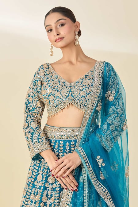 Shop Azeera Blue Silk, Chiffon Tassels V-neck Cutdana Embroidered Peacock Lehenga Set Online at Aza Fashions Shop_Azeera_Blue Silk, Chiffon Tassels V-neck Cutdana Embroidered Peacock Lehenga Set _Online_at_Aza_Fashions