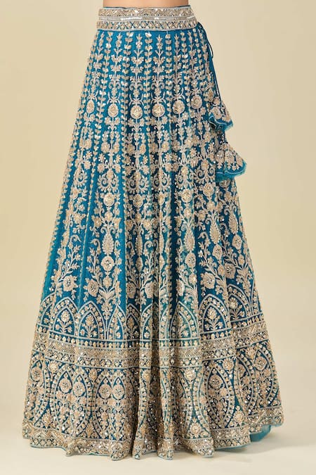 Azeera Blue Silk, Chiffon Tassels V-neck Cutdana Embroidered Peacock Lehenga Set at Aza Fashions Azeera_Blue Silk, Chiffon Tassels V-neck Cutdana Embroidered Peacock Lehenga Set _at_Aza_Fashions