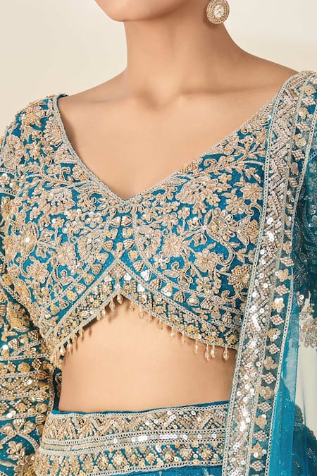 Buy Azeera Blue Silk, Chiffon Tassels V-neck Cutdana Embroidered Peacock Lehenga Set Buy_Azeera_Blue Silk, Chiffon Tassels V-neck Cutdana Embroidered Peacock Lehenga Set