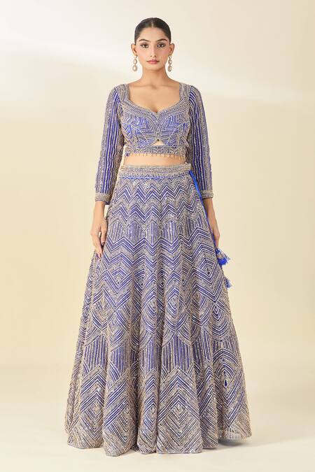 Shop Azeera Blue Cut Work, Sequins, Tassels Geometric Cutdana Embroidered Lehenga Set Online at Aza Fashions Shop_Azeera_Blue Cut Work, Sequins, Tassels Geometric Cutdana Embroidered Lehenga Set_Online_at_Aza_Fashions