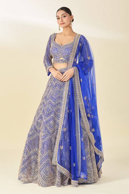 Azeera Blue Cut Work, Sequins, Tassels Geometric Cutdana Embroidered Lehenga Set at Aza Fashions Azeera_Blue Cut Work, Sequins, Tassels Geometric Cutdana Embroidered Lehenga Set_at_Aza_Fashions