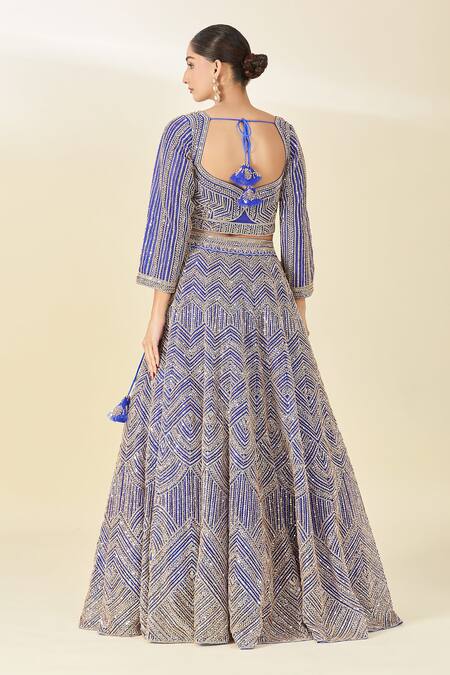 Shop Azeera Blue Cut Work, Sequins, Tassels Geometric Cutdana Embroidered Lehenga Set at Aza Fashions Shop_Azeera_Blue Cut Work, Sequins, Tassels Geometric Cutdana Embroidered Lehenga Set_at_Aza_Fashions