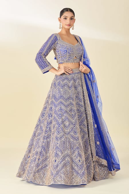 Buy Azeera Blue Cut Work, Sequins, Tassels Geometric Cutdana Embroidered Lehenga Set Buy_Azeera_Blue Cut Work, Sequins, Tassels Geometric Cutdana Embroidered Lehenga Set