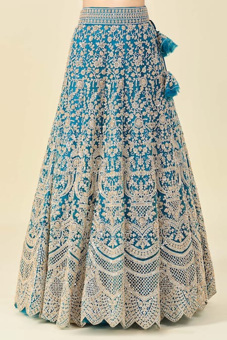Azeera_Blue Silk, Net Tassels, Sequins, Cut Work Round Floral Embroidered Lehenga Set _Online_at_Aza_Fashions