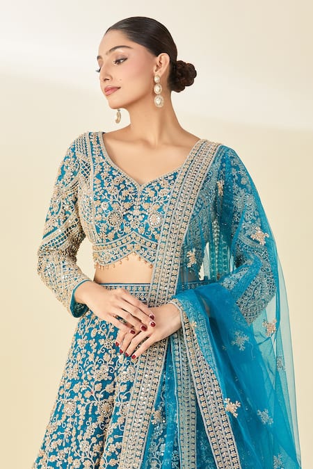 Buy_Azeera_Blue Silk, Net Tassels, Sequins, Cut Work Round Floral Embroidered Lehenga Set _Online_at_Aza_Fashions