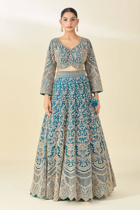 Shop_Azeera_Blue Silk, Net Tassels, Sequins, Cut Work Round Floral Embroidered Lehenga Set _Online_at_Aza_Fashions