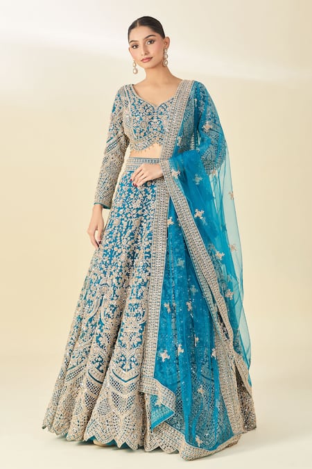 Azeera_Blue Silk, Net Tassels, Sequins, Cut Work Round Floral Embroidered Lehenga Set _at_Aza_Fashions