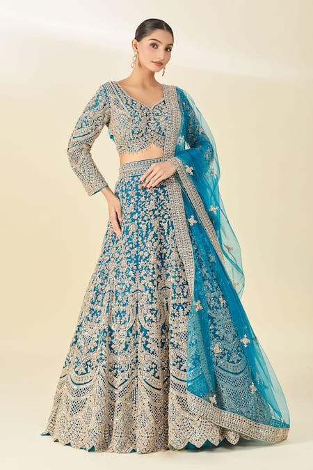 Buy_Azeera_Blue Silk, Net Tassels, Sequins, Cut Work Round Floral Embroidered Lehenga Set 