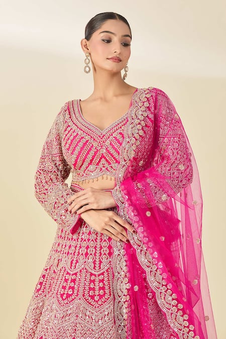 Azeera_Pink Silk, Chiffon, Georgette Cut Work, Sequins, Cutdana Embroidered Lehenga Set_Online_at_Aza_Fashions