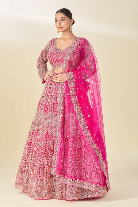 Shop_Azeera_Pink Silk, Chiffon, Georgette Cut Work, Sequins, Cutdana Embroidered Lehenga Set_Online_at_Aza_Fashions