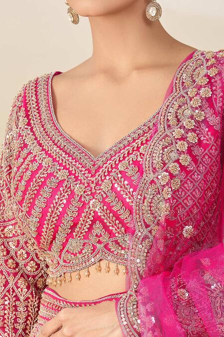 Azeera_Pink Silk, Chiffon, Georgette Cut Work, Sequins, Cutdana Embroidered Lehenga Set_at_Aza_Fashions