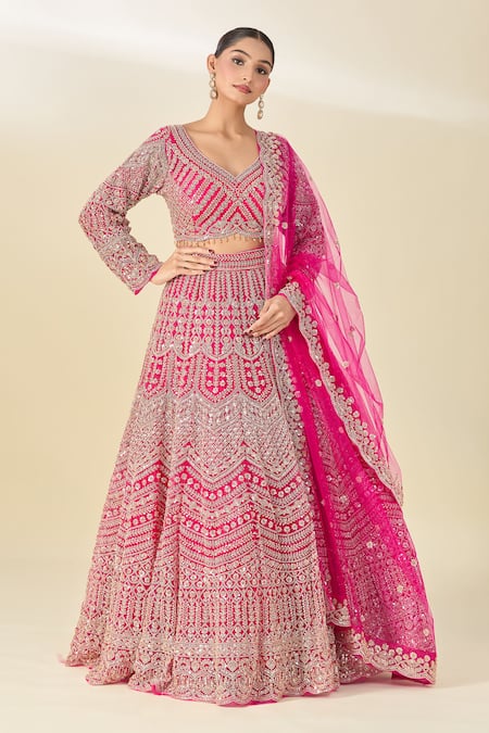 Buy_Azeera_Pink Silk, Chiffon, Georgette Cut Work, Sequins, Cutdana Embroidered Lehenga Set