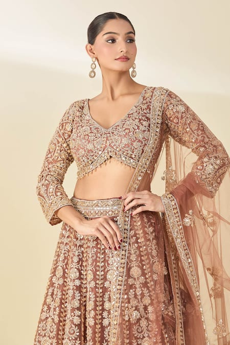 Azeera Rose Gold Net, Chiffon Cut Work, Sequins, Cutdana Embroidered Lehenga Set Online at Aza Fashions Azeera_Rose Gold Net, Chiffon Cut Work, Sequins, Cutdana Embroidered Lehenga Set _Online_at_Aza_Fashions