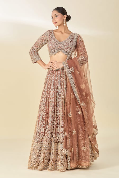 Shop Azeera Rose Gold Net, Chiffon Cut Work, Sequins, Cutdana Embroidered Lehenga Set Online at Aza Fashions Shop_Azeera_Rose Gold Net, Chiffon Cut Work, Sequins, Cutdana Embroidered Lehenga Set _Online_at_Aza_Fashions