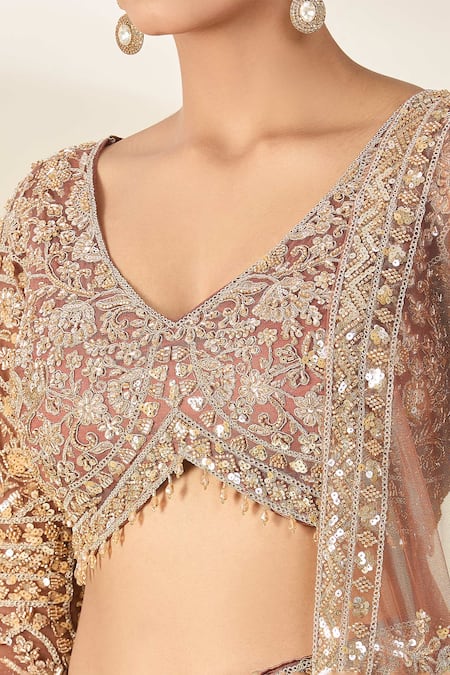 Azeera Rose Gold Net, Chiffon Cut Work, Sequins, Cutdana Embroidered Lehenga Set at Aza Fashions Azeera_Rose Gold Net, Chiffon Cut Work, Sequins, Cutdana Embroidered Lehenga Set _at_Aza_Fashions