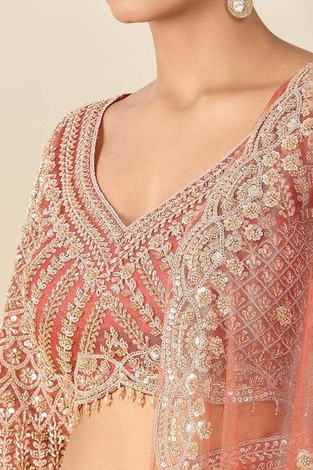 Shop_Azeera_Orange Silk, Chiffon Sequins, Tassels, Cut Work Cutdana Embroidered Lehenga Set _Online_at_Aza_Fashions