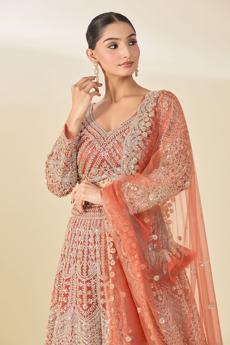 Azeera_Orange Silk, Chiffon Sequins, Tassels, Cut Work Cutdana Embroidered Lehenga Set _at_Aza_Fashions