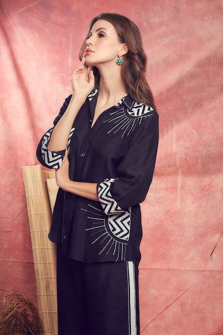 Buy_Shagun Nagi The Label_Black Silk, Cotton Embroidery, Applique, Patchwork Hand Shirt And Pant Set _Online_at_Aza_Fashions