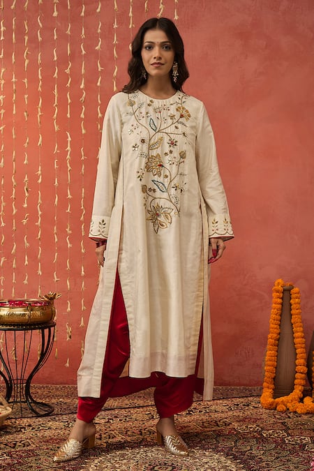 Shop Shivani Bhargava Ivory , Organza, Bloom Embroidered Kurta Set With Dhoti Salwar Online at Aza Fashions Shop_Shivani Bhargava_Ivory , Organza, Bloom Embroidered Kurta Set With Dhoti Salwar _Online_at_Aza_Fashions
