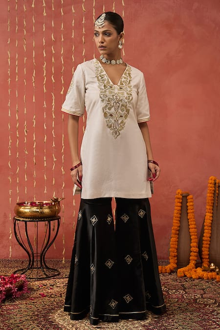 Shop Shivani Bhargava Ivory Silk, Organza Gota Patti, Sequins, Diamonds, Mughal Kurta And Sharara Set Online at Aza Fashions Shop_Shivani Bhargava_Ivory Silk, Organza Gota Patti, Sequins, Diamonds, Mughal Kurta And Sharara Set _Online_at_Aza_Fashions