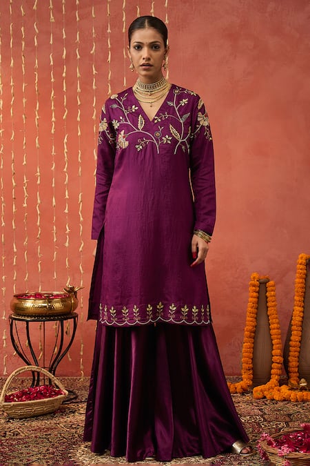 Shivani Bhargava Purple Silk, Organza Zari, Sequins, Gota Blossom Embroidered Kurta And Sharara Set Online at Aza Fashions Shivani Bhargava_Purple Silk, Organza Zari, Sequins, Gota Blossom Embroidered Kurta And Sharara Set _Online_at_Aza_Fashions