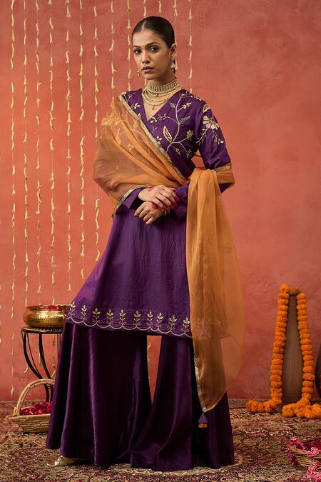 Buy Shivani Bhargava Purple Silk, Organza Zari, Sequins, Gota Blossom Embroidered Kurta And Sharara Set Online at Aza Fashions Buy_Shivani Bhargava_Purple Silk, Organza Zari, Sequins, Gota Blossom Embroidered Kurta And Sharara Set _Online_at_Aza_Fashions