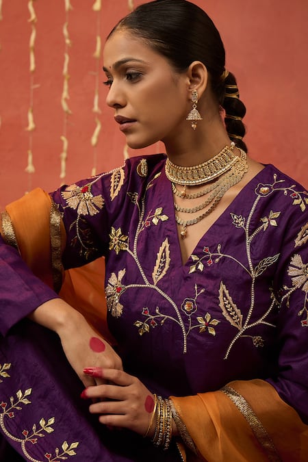 Shivani Bhargava Purple Silk, Organza Zari, Sequins, Gota Blossom Embroidered Kurta And Sharara Set at Aza Fashions Shivani Bhargava_Purple Silk, Organza Zari, Sequins, Gota Blossom Embroidered Kurta And Sharara Set _at_Aza_Fashions