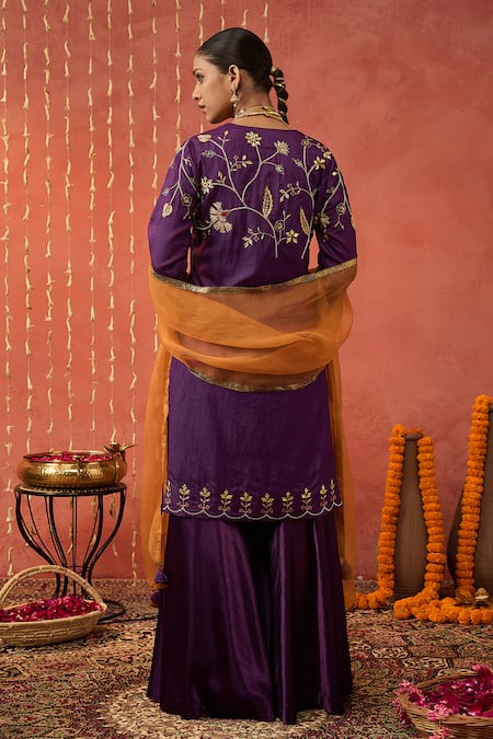 Shop Shivani Bhargava Purple Silk, Organza Zari, Sequins, Gota Blossom Embroidered Kurta And Sharara Set at Aza Fashions Shop_Shivani Bhargava_Purple Silk, Organza Zari, Sequins, Gota Blossom Embroidered Kurta And Sharara Set _at_Aza_Fashions