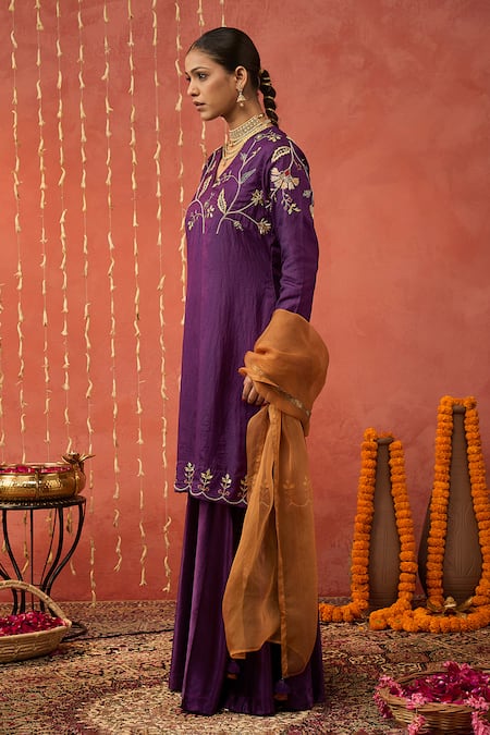 Buy Shivani Bhargava Purple Silk, Organza Zari, Sequins, Gota Blossom Embroidered Kurta And Sharara Set Buy_Shivani Bhargava_Purple Silk, Organza Zari, Sequins, Gota Blossom Embroidered Kurta And Sharara Set
