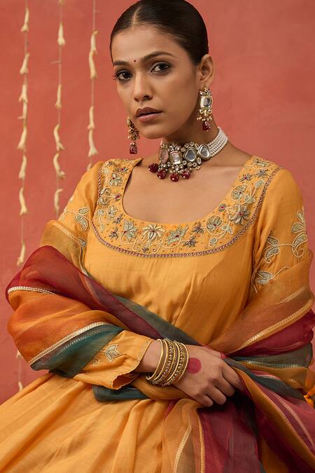 Shivani Bhargava Yellow Chanderi, Lycra, Silk Organza, Cotton Floral Embroidered Anarkali Set Online at Aza Fashions Shivani Bhargava_Yellow Chanderi, Lycra, Silk Organza, Cotton Floral Embroidered Anarkali Set _Online_at_Aza_Fashions