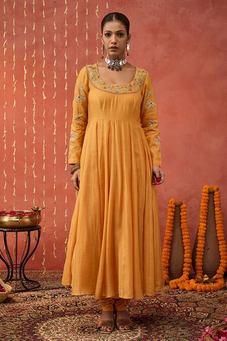 Shop Shivani Bhargava Yellow Chanderi, Lycra, Silk Organza, Cotton Floral Embroidered Anarkali Set Online at Aza Fashions Shop_Shivani Bhargava_Yellow Chanderi, Lycra, Silk Organza, Cotton Floral Embroidered Anarkali Set _Online_at_Aza_Fashions