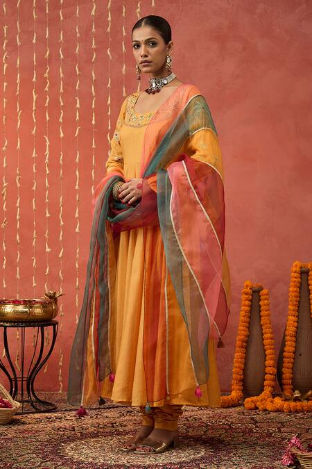 Shivani Bhargava Yellow Chanderi, Lycra, Silk Organza, Cotton Floral Embroidered Anarkali Set at Aza Fashions Shivani Bhargava_Yellow Chanderi, Lycra, Silk Organza, Cotton Floral Embroidered Anarkali Set _at_Aza_Fashions