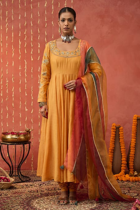 Shop Shivani Bhargava Yellow Chanderi, Lycra, Silk Organza, Cotton Floral Embroidered Anarkali Set at Aza Fashions Shop_Shivani Bhargava_Yellow Chanderi, Lycra, Silk Organza, Cotton Floral Embroidered Anarkali Set _at_Aza_Fashions
