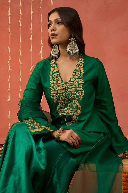 Shop Shivani Bhargava Green Silk, Organza Gota Patti, Sequins, Gul Embroidered Kurta Sharara Set Online at Aza Fashions Shop_Shivani Bhargava_Green Silk, Organza Gota Patti, Sequins, Gul Embroidered Kurta Sharara Set _Online_at_Aza_Fashions