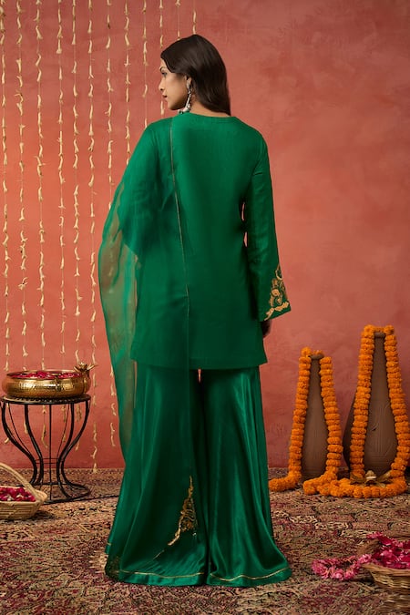 Shop Shivani Bhargava Green Silk, Organza Gota Patti, Sequins, Gul Embroidered Kurta Sharara Set at Aza Fashions Shop_Shivani Bhargava_Green Silk, Organza Gota Patti, Sequins, Gul Embroidered Kurta Sharara Set _at_Aza_Fashions