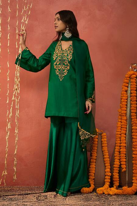 Shivani Bhargava Green Silk, Organza Gota Patti, Sequins, Gul Embroidered Kurta Sharara Set at Aza Fashions Shivani Bhargava_Green Silk, Organza Gota Patti, Sequins, Gul Embroidered Kurta Sharara Set _at_Aza_Fashions