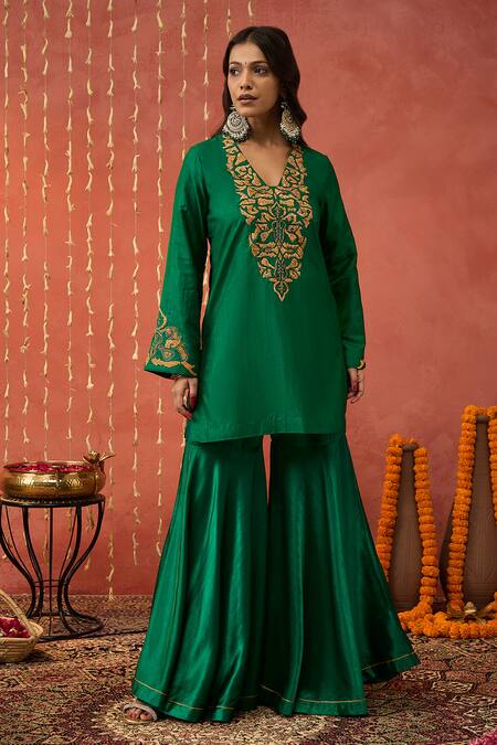 Buy Shivani Bhargava Green Silk, Organza Gota Patti, Sequins, Gul Embroidered Kurta Sharara Set Buy_Shivani Bhargava_Green Silk, Organza Gota Patti, Sequins, Gul Embroidered Kurta Sharara Set