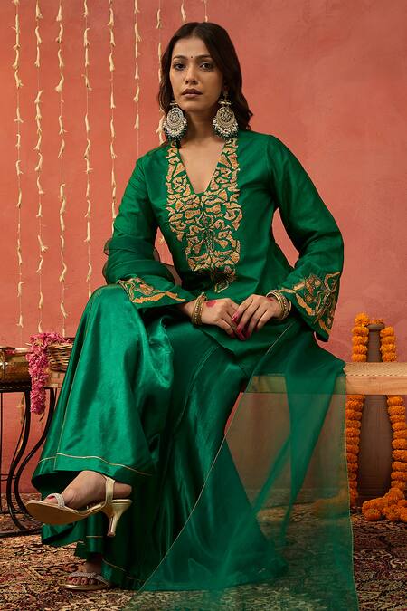 Shop Shivani Bhargava Green Silk, Organza Gota Patti, Sequins, Gul Embroidered Kurta Sharara Set Shop_Shivani Bhargava_Green Silk, Organza Gota Patti, Sequins, Gul Embroidered Kurta Sharara Set