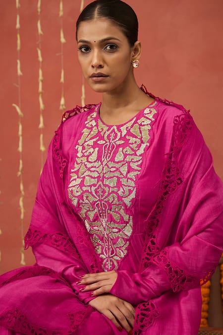 Shivani Bhargava Pink Chanderi, Cotton Embroidery, Gota Patti, Sequins, Floral Anarkali Set Online at Aza Fashions Shivani Bhargava_Pink Chanderi, Cotton Embroidery, Gota Patti, Sequins, Floral Anarkali Set _Online_at_Aza_Fashions
