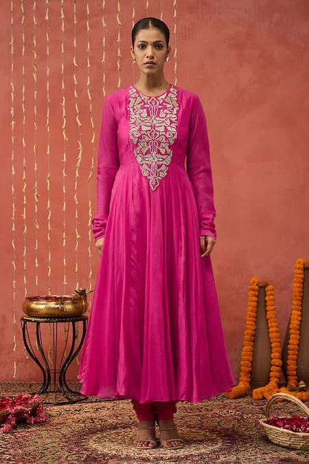 Buy Shivani Bhargava Pink Chanderi, Cotton Embroidery, Gota Patti, Sequins, Floral Anarkali Set Online at Aza Fashions Buy_Shivani Bhargava_Pink Chanderi, Cotton Embroidery, Gota Patti, Sequins, Floral Anarkali Set _Online_at_Aza_Fashions